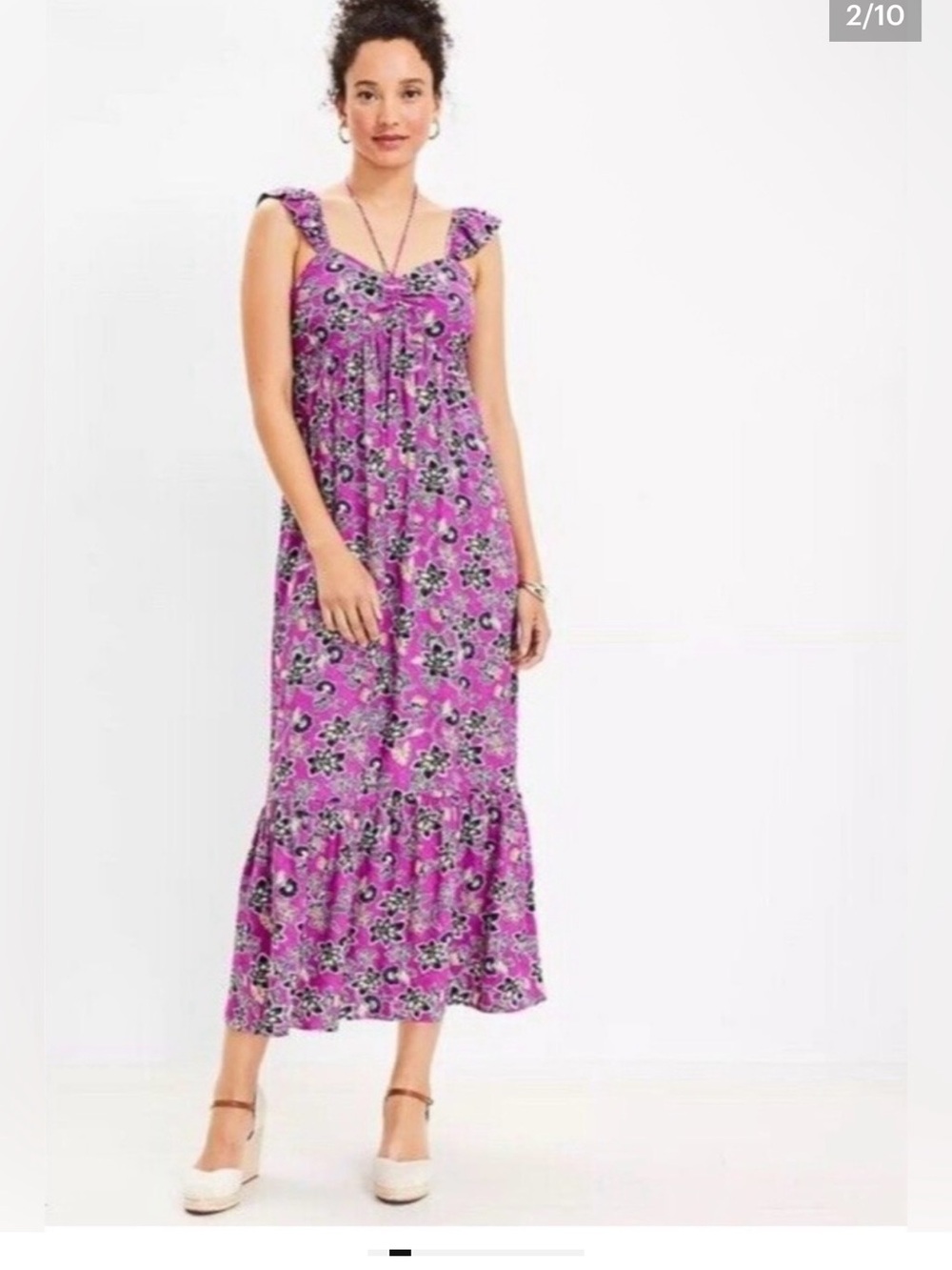 LOFT Purple Floral Ruffle Strap Smocked Maxi Dress Size 12